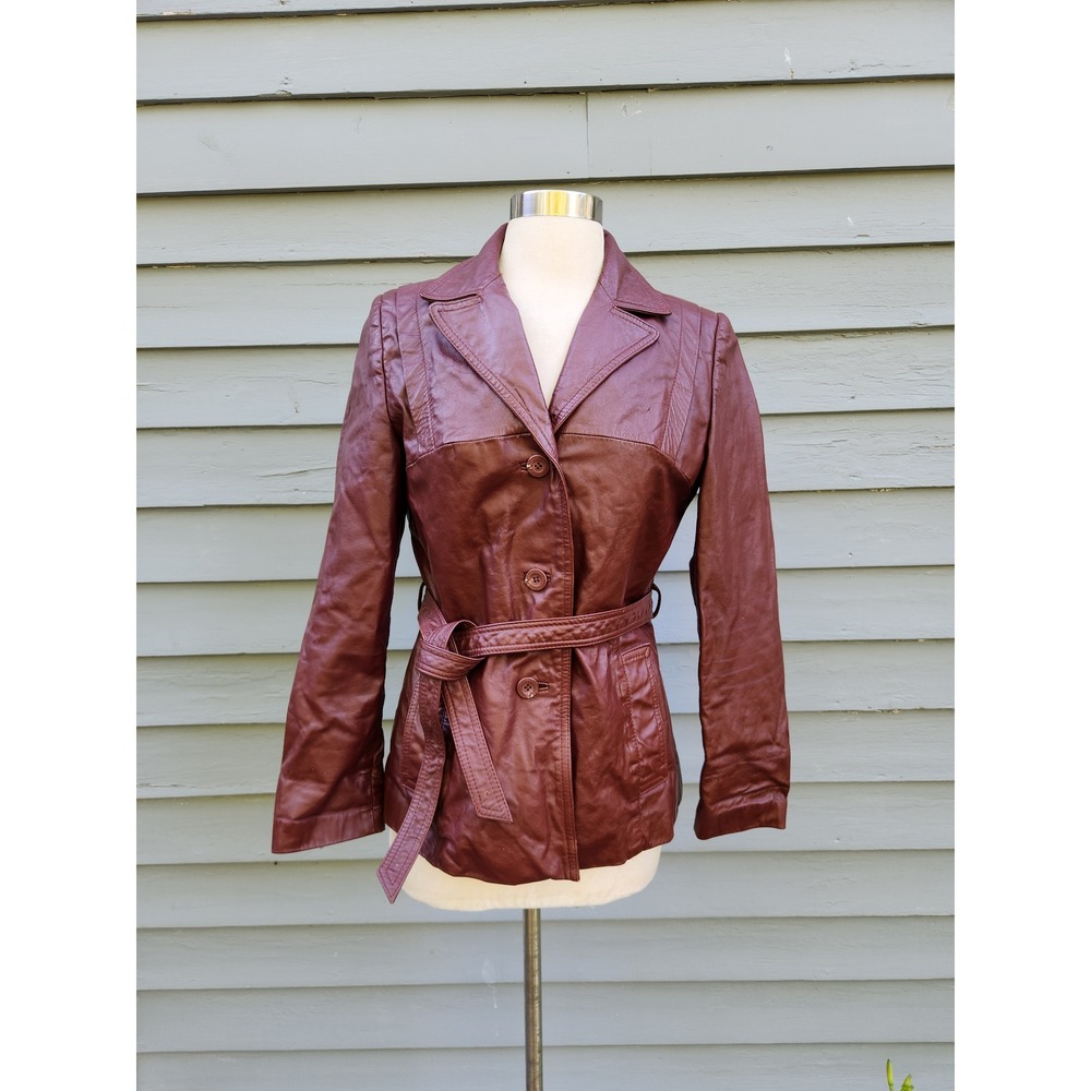 Vintage 70s Berman's Leather Jacket Burgundy Belted Trench Coat Women's Size 8